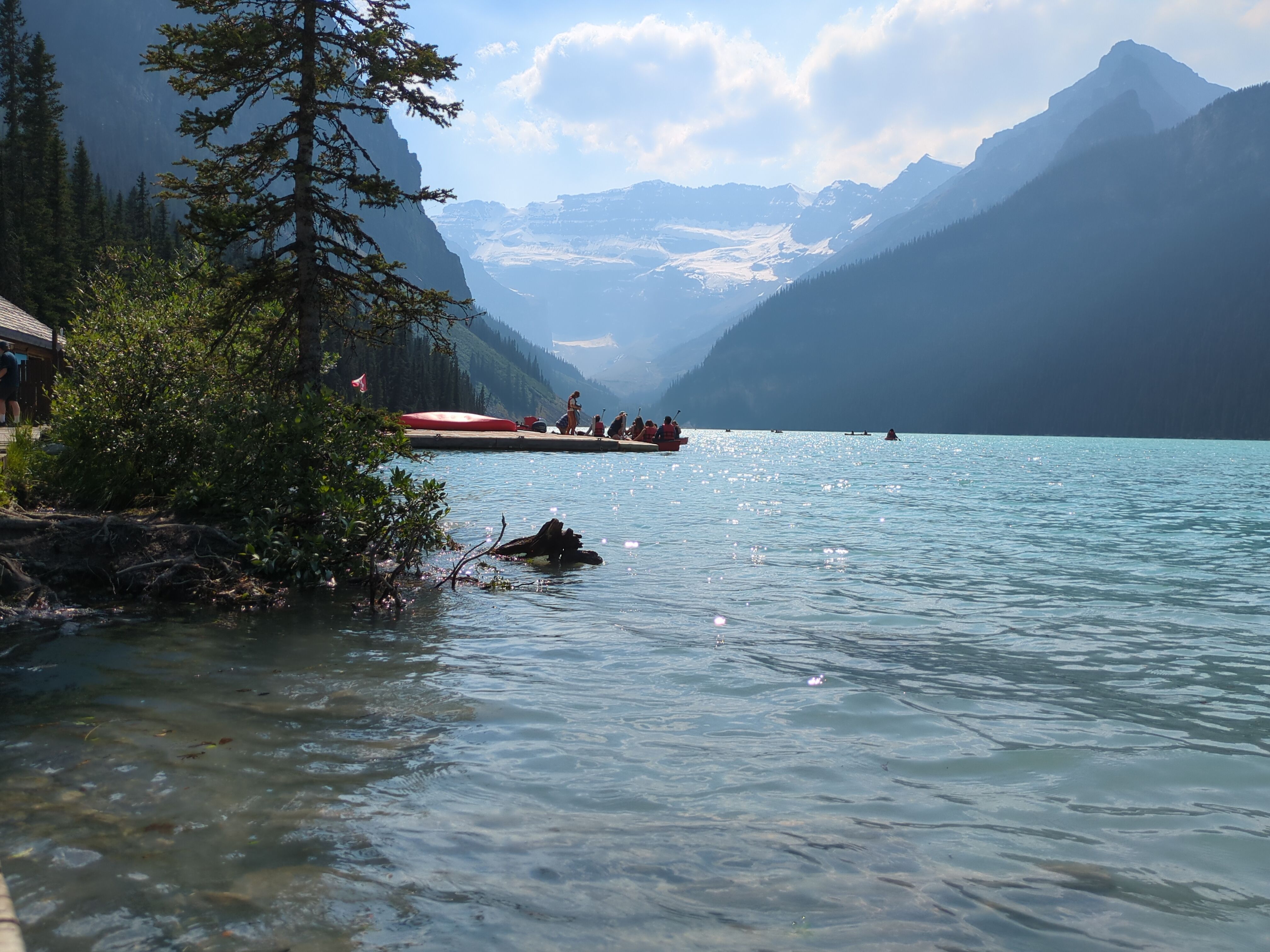 A view of lake Louise from the perspective of the kayak rental place.