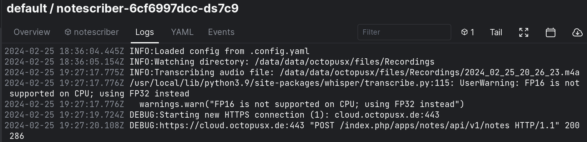 a shot of the log output of notescriber, as it finds and processes an audio file